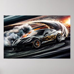 Black Sleek Racing Sports Car Drifting #8 Poster
