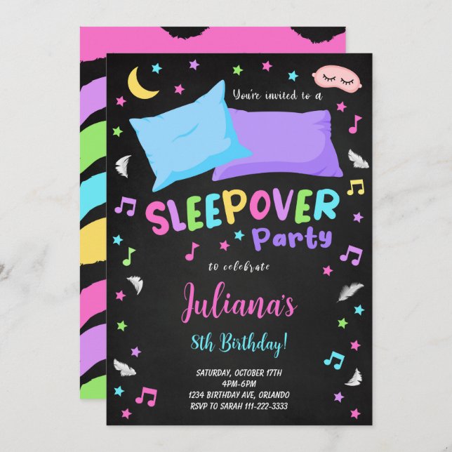 Black Sleepover Party Birthday Invitation (Front/Back)