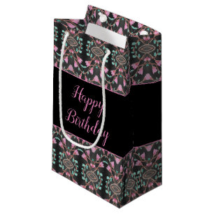Black Small Pink And Teal Patterned Paper Gift Bag