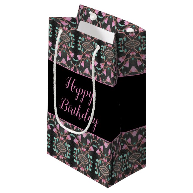 Black Small Pink And Teal Patterned Paper Gift Bag (Front Angled)