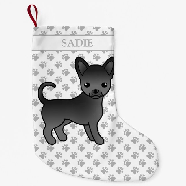 Black Smooth Coat Chihuahua Cartoon Dog & Name Small Christmas Stocking (Front)