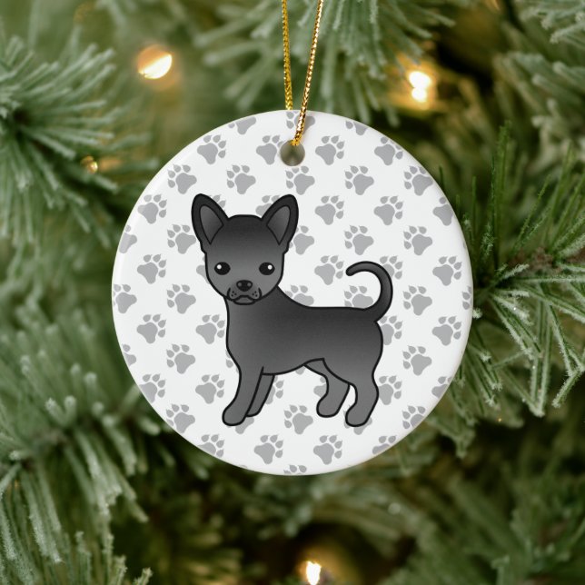 Black Smooth Coat Chihuahua Cartoon Dog & Paws Ceramic Ornament (Tree)