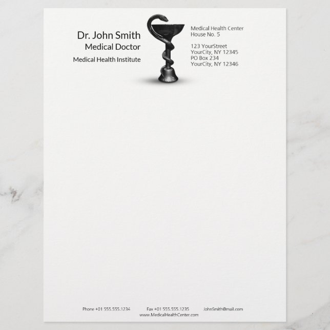 Black Snake Bowl Medical Hygieia White Caduceus Custom Letterhead (Front)