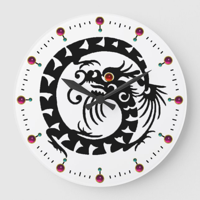 BLACK SNAKE DRAGON IN WHITE,PINK RED GEMSTONES LARGE CLOCK (Front)
