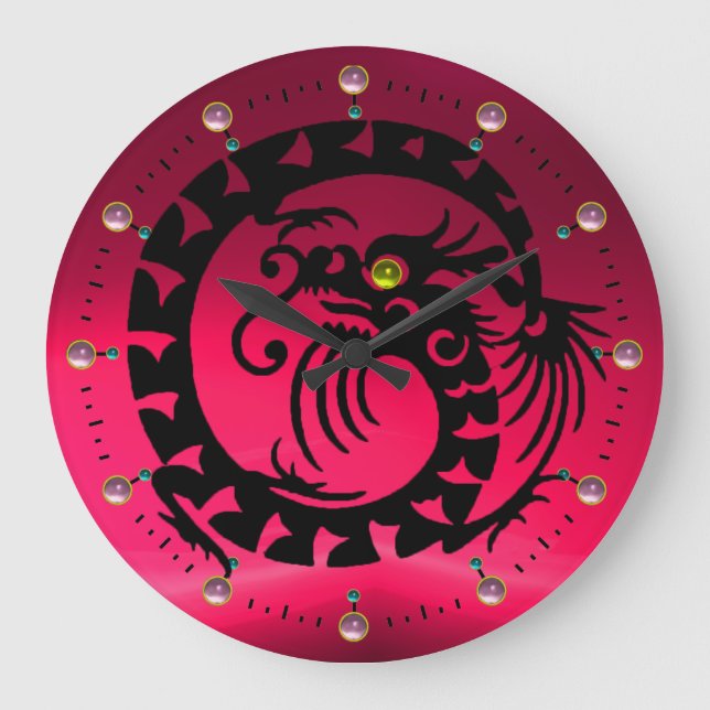 BLACK SNAKE DRAGON ,PINK FUCHSİA YELLOW GEMSTONES LARGE CLOCK (Front)