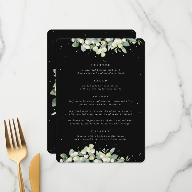 Black Snowberry + Eucalyptus 4 Course Wedding Menu (Front/Back In Situ)