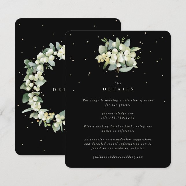 Black Snowberry+Eucalyptus Bouquet Wedding Details Enclosure Card (Front/Back)