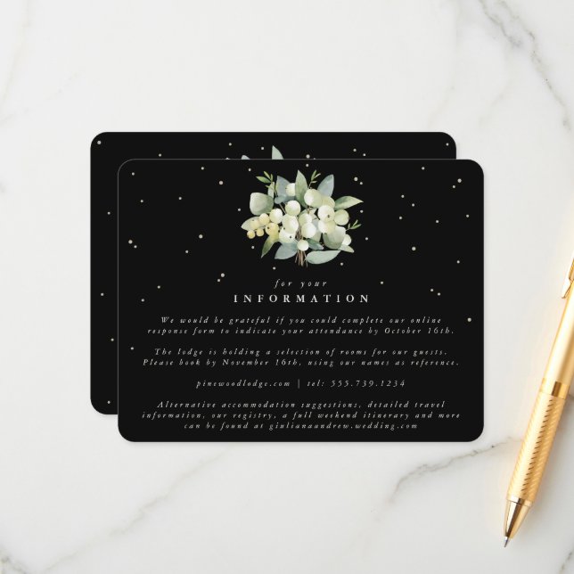 Black Snowberry+Eucalyptus Bouquet Wedding Info Enclosure Card (Front/Back In Situ)