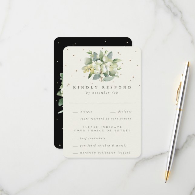 Black Snowberry+Eucalyptus Bouquet Wedding RSVP Card (Front/Back In Situ)