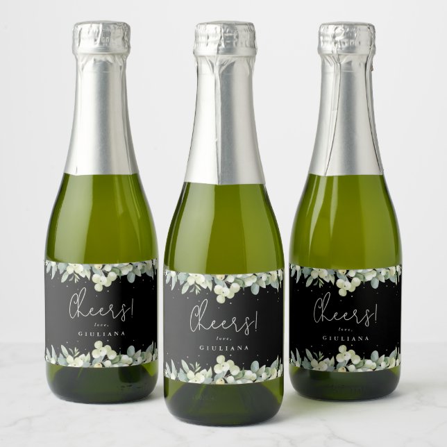 Black Snowberry+Eucalyptus Bridal Shower Mini Sparkling Wine Label (Bottles)