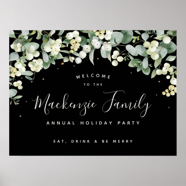 Black Snowberry+Eucalyptus Christmas Holiday Party Poster (Front)