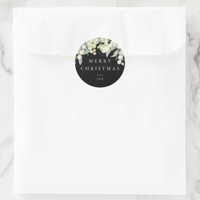 Black Snowberry+Eucalyptus Custom Message Holiday Classic Round Sticker (Bag)