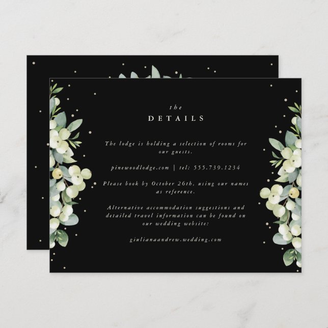 Black Snowberry+Eucalyptus Edged Wedding Details Enclosure Card (Front/Back)