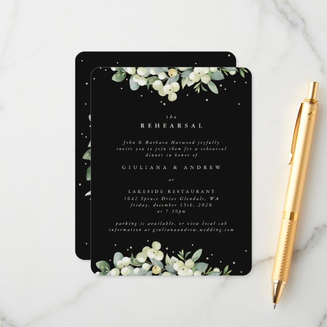 Black Snowberry+Eucalyptus Edged Wedding Rehearsal Enclosure Card (Front/Back In Situ)
