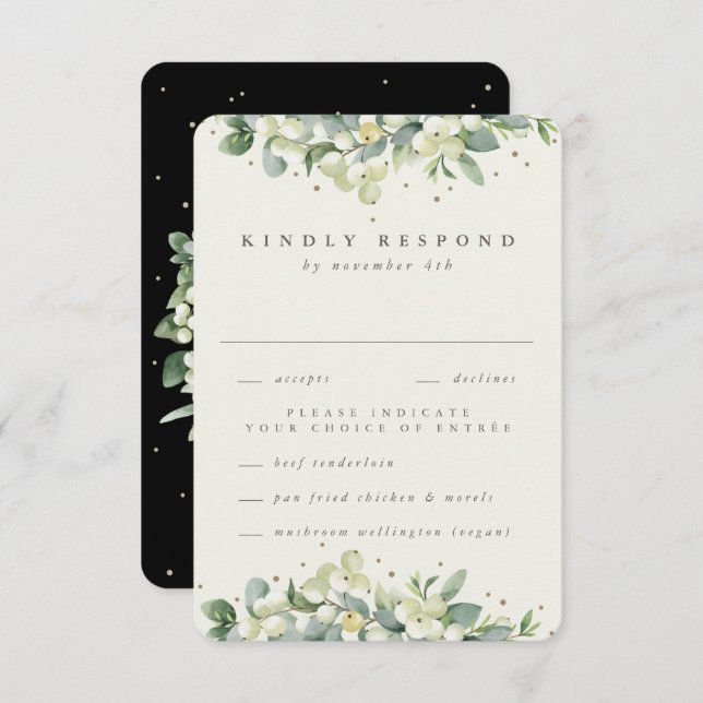 Black Snowberry+Eucalyptus Edged Wedding RSVP Card (Front/Back)