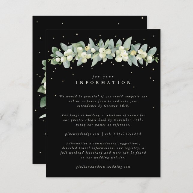 Black Snowberry+Eucalyptus Garland Wedding Info Enclosure Card (Front/Back)