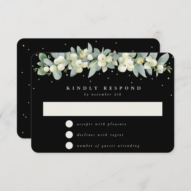 Black Snowberry+Eucalyptus Garland Wedding RSVP Card (Front/Back)