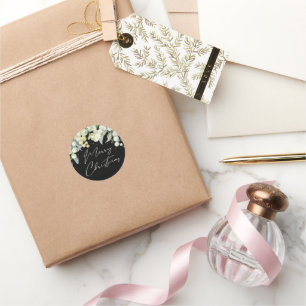 Black Snowberry+Eucalyptus Merry Christmas Holiday Classic Round Sticker