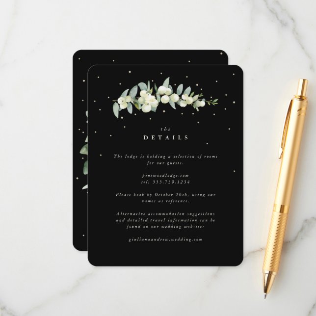 Black Snowberry+Eucalyptus Stem Wedding Details Enclosure Card (Front/Back In Situ)