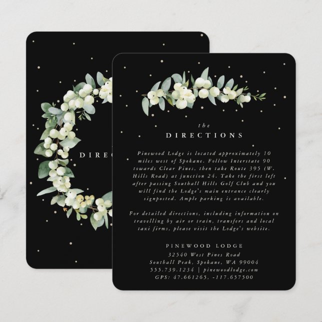 Black Snowberry+Eucalyptus Stem Wedding Directions Enclosure Card (Front/Back)