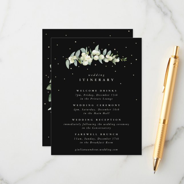 Black Snowberry+Eucalyptus Stem Wedding Itinerary Enclosure Card (Front/Back In Situ)