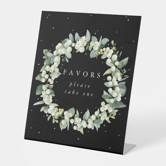 Black Snowberry+Eucalyptus Wedding Favours Table Pedestal Sign (Front)