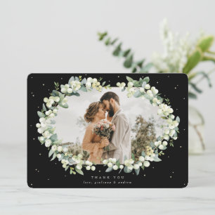 Black Snowberry+Eucalyptus Wedding Flat Photo Thank You Card