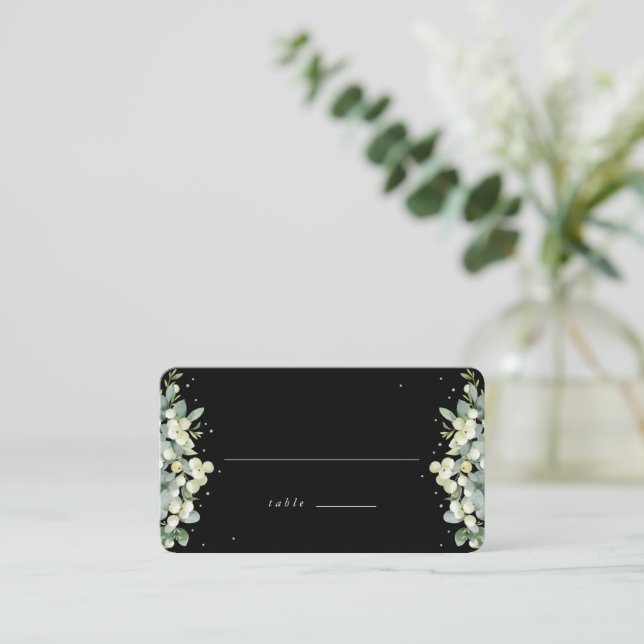 Black Snowberry + Eucalyptus Wedding Flat Place Card (Standing Front)