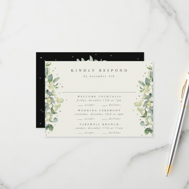 Black Snowberry+Eucalyptus Wedding Multi-Event RSVP Card (Front/Back In Situ)