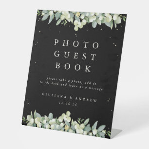 Black Snowberry+Eucalyptus Wedding Photo GuestBook Pedestal Sign