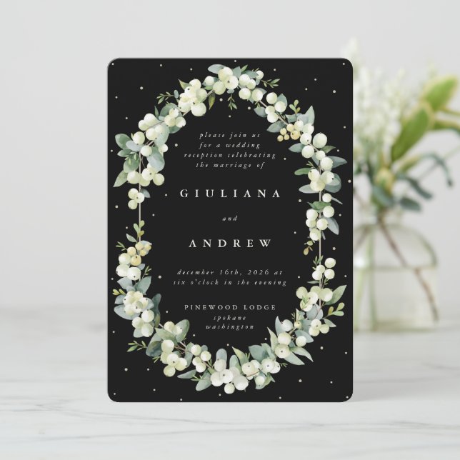 Black Snowberry+Eucalyptus Wedding Reception Only Invitation (Standing Front)