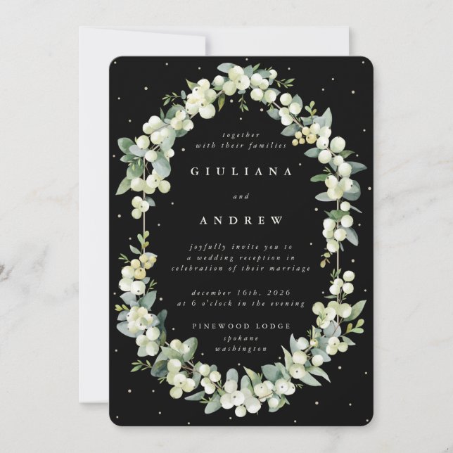 Black Snowberry+Eucalyptus Wedding Reception Only Invitation (Front)