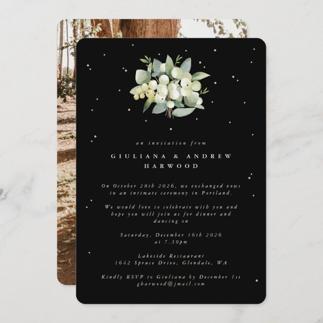 Black Snowberry+Eucalyptus Wedding Reception Photo Invitation (Front/Back)