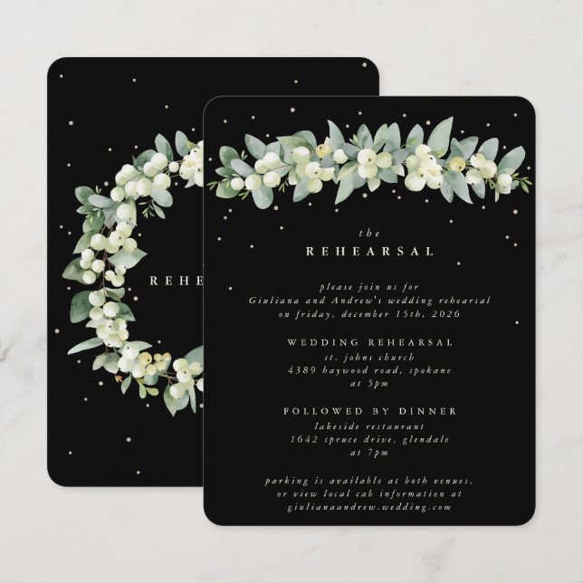 Black Snowberry+Eucalyptus Wedding Rehearsal Enclosure Card (Front/Back)