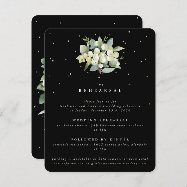 Black Snowberry+Eucalyptus Wedding Rehearsal Enclosure Card (Front/Back)
