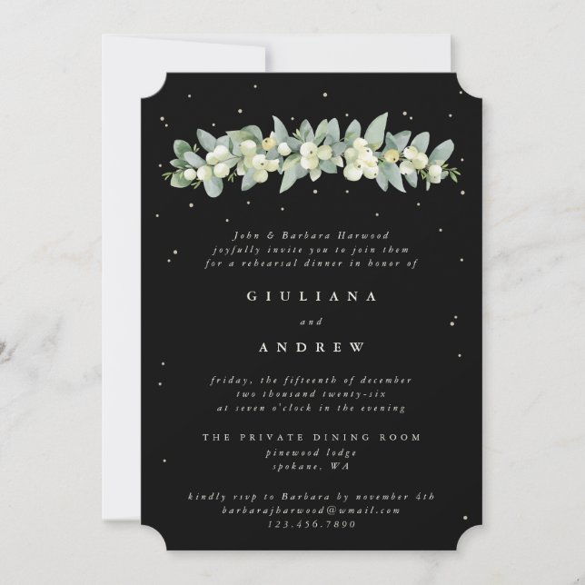 Black Snowberry+Eucalyptus Wedding Rehearsal Invitation (Front)