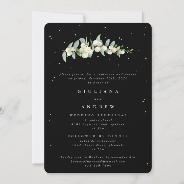 Black Snowberry+Eucalyptus Wedding Rehearsal Invitation (Front)