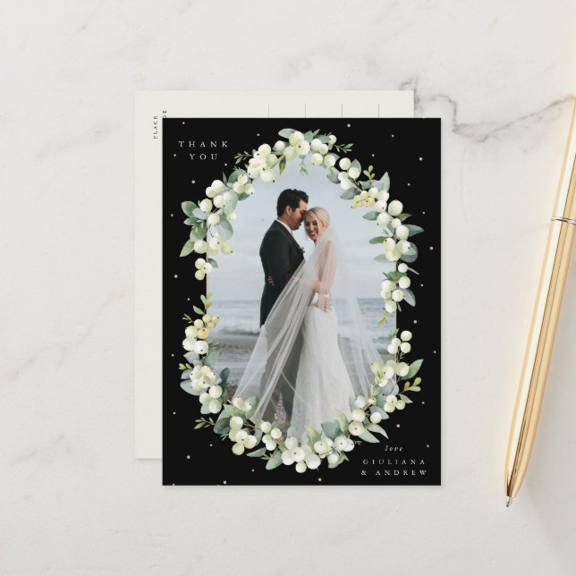 Black Snowberry+Eucalyptus Wedding Thank You Photo Postcard (Front/Back In Situ)