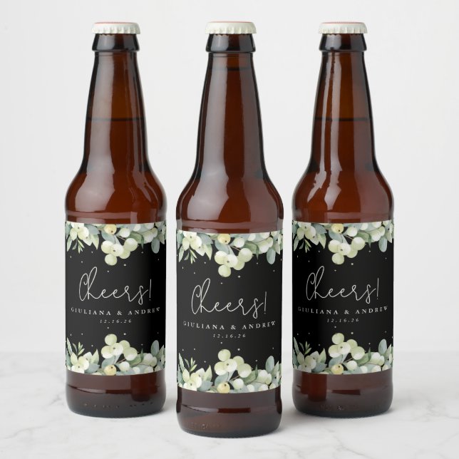 Black Snowberry+Eucalyptus Winter Wedding Beer Bottle Label (Bottles)