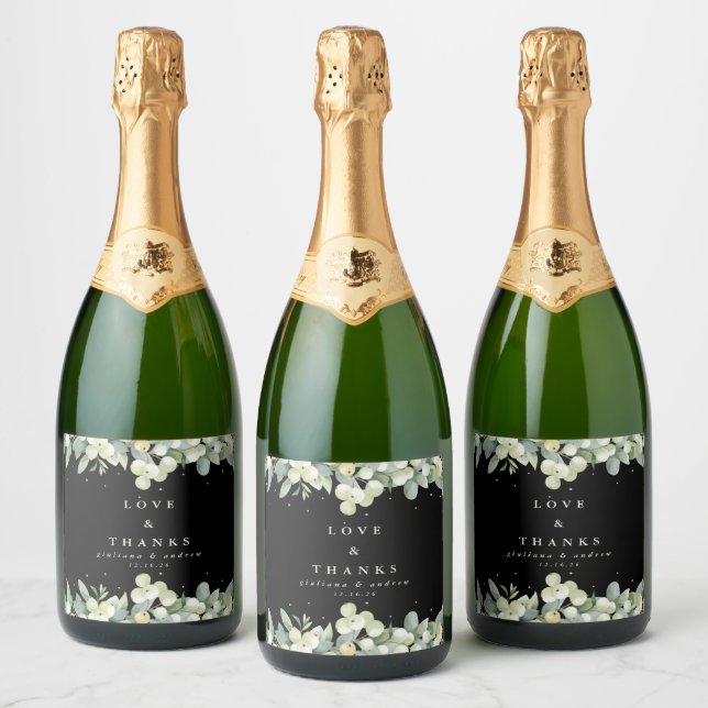 Black Snowberry+Eucalyptus Winter Wedding Sparkling Wine Label (Bottles)