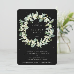 Black Snowberry+Eucalyptus Wreath Holiday Party Invitation