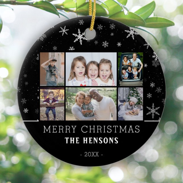 Black Snowflake Christmas Family 6 Photo Collage Ceramic Ornament (Creator Uploaded)