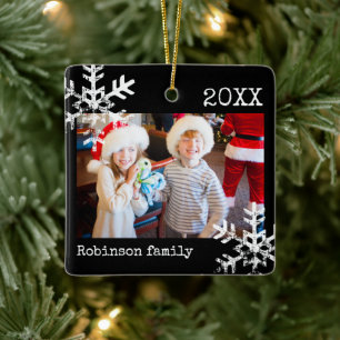 Black Snowflake Family Photo Christmas Ceramic Ornament