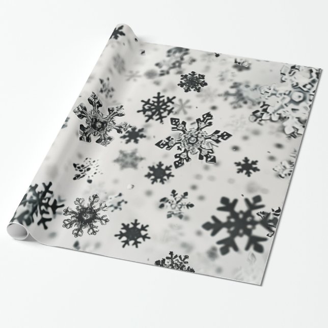 Black Snowflakes Christmas Wrapping Paper (Unrolled)