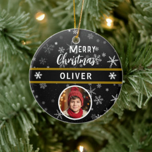 Black Snowflakes Custom Name Merry Christmas Photo Ceramic Ornament