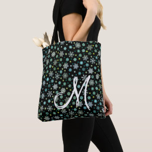 Black Snowflakes in Various Shapes Modern Monogram Tote Bag