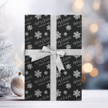 Black Snowflakes Merry Christmas Script Custom Wrapping Paper<br><div class="desc">Christmas gift wrapping paper feature snow flakes,  modern calligraphy merry Christmas script and personalised text on colour editable black background. 
Customise the background colour with your choice.</div>
