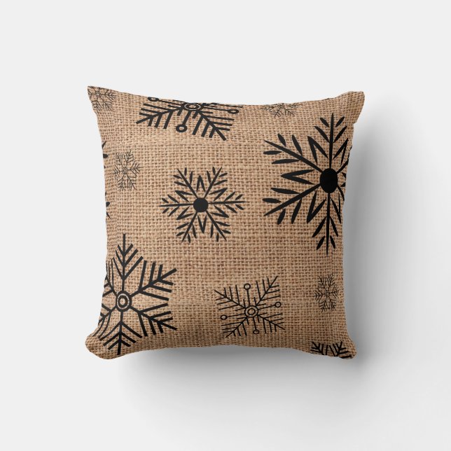 Black Snowflakes On Rustic Burlap Christmas Cushion (Front)