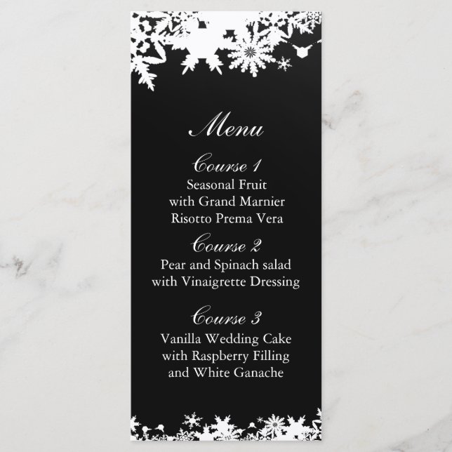 Black snowflakes winter wedding menu (Front)