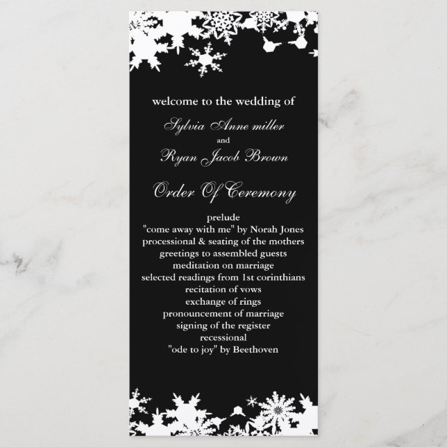 Black snowflakes winter wedding program (Front)
